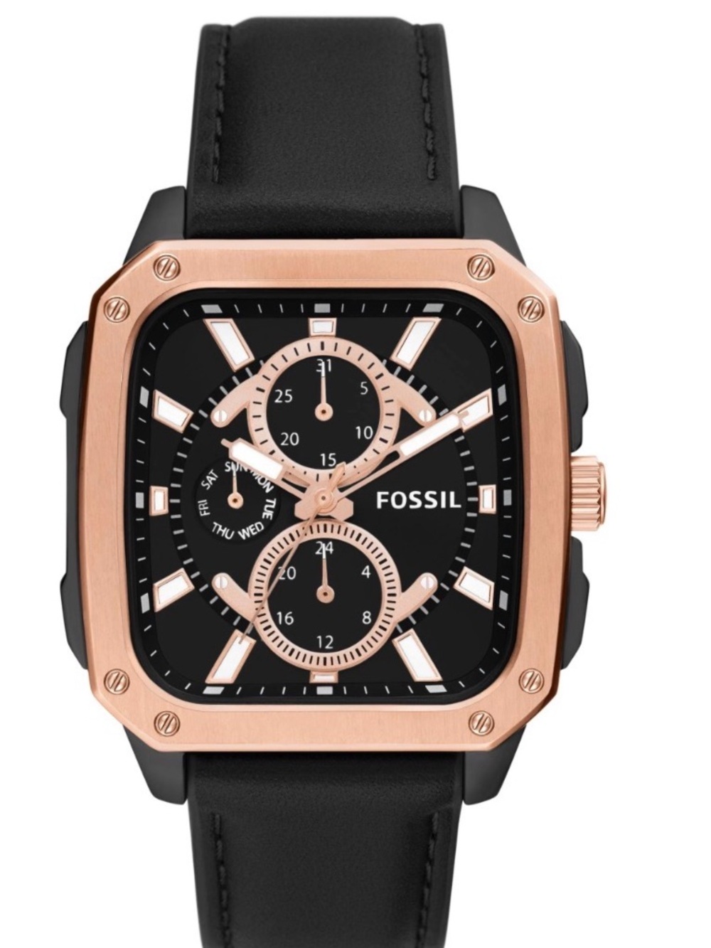 Fossil Black Leather Watch with Rose Gold-Tone Square Case Mens Watch